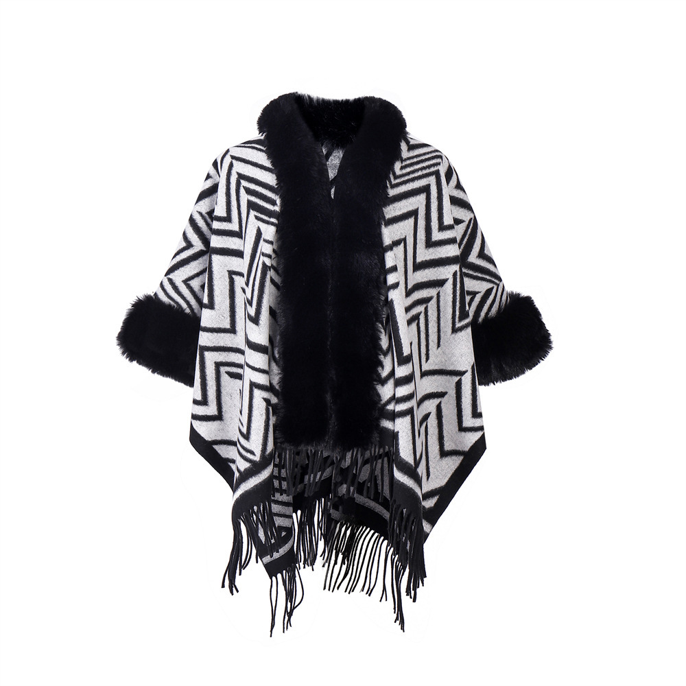 New Jacquard Black Gray Fur Collar Shawl - Image 4