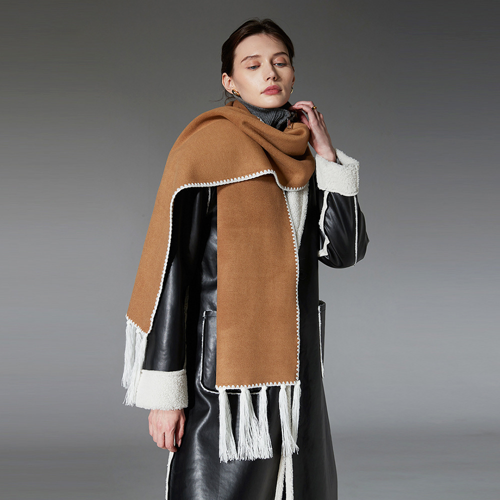 New Double-faced Woolen Goods Tassel Solid Color Scarf Lengthened