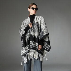 Wool Cloak Black And White Houndstooth Tassel Shawl