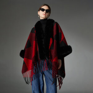 Jacquard Christmas Red Fur Collar Geometric Tassel Shawl