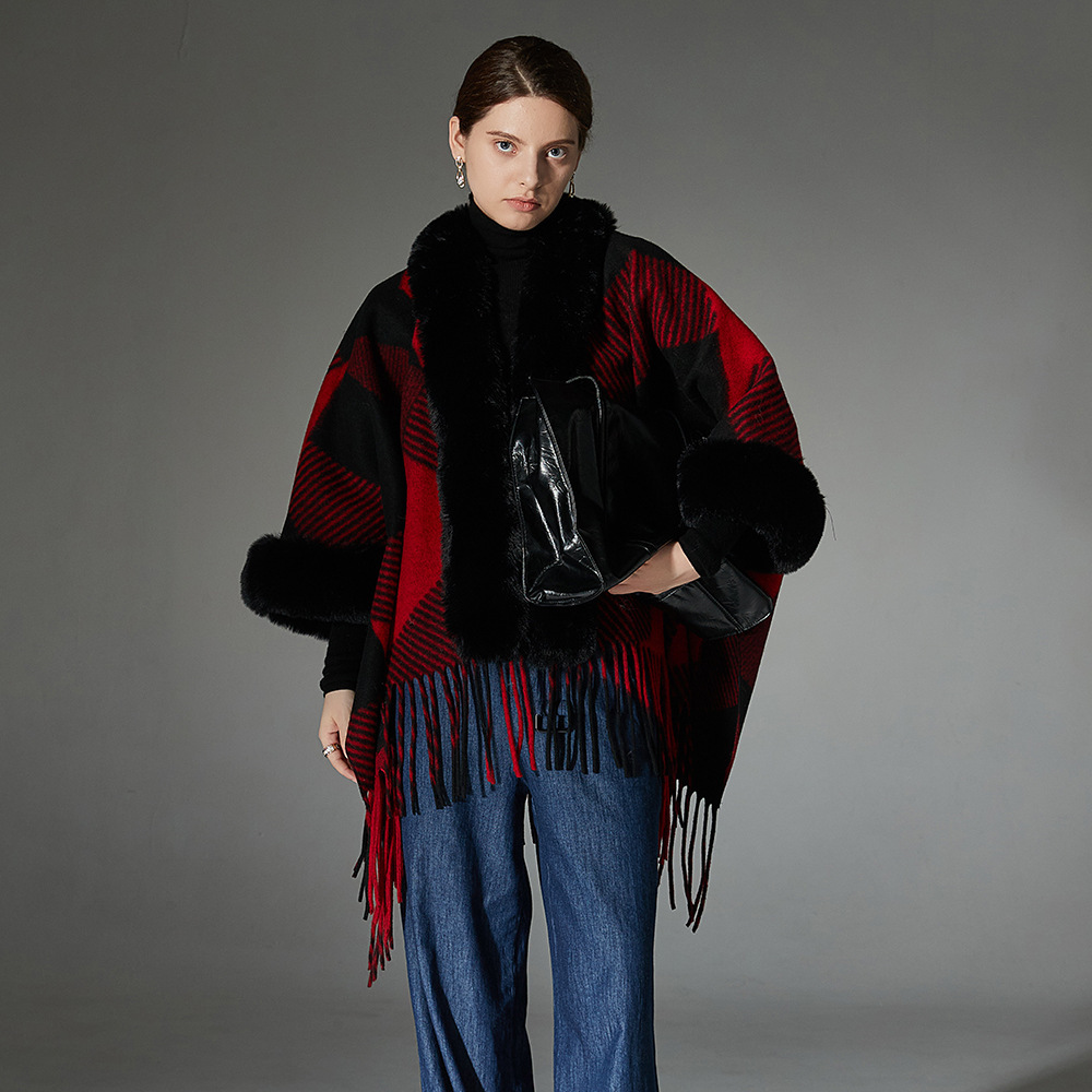 Jacquard Christmas Red Fur Collar Geometric Tassel Shawl - Image 2