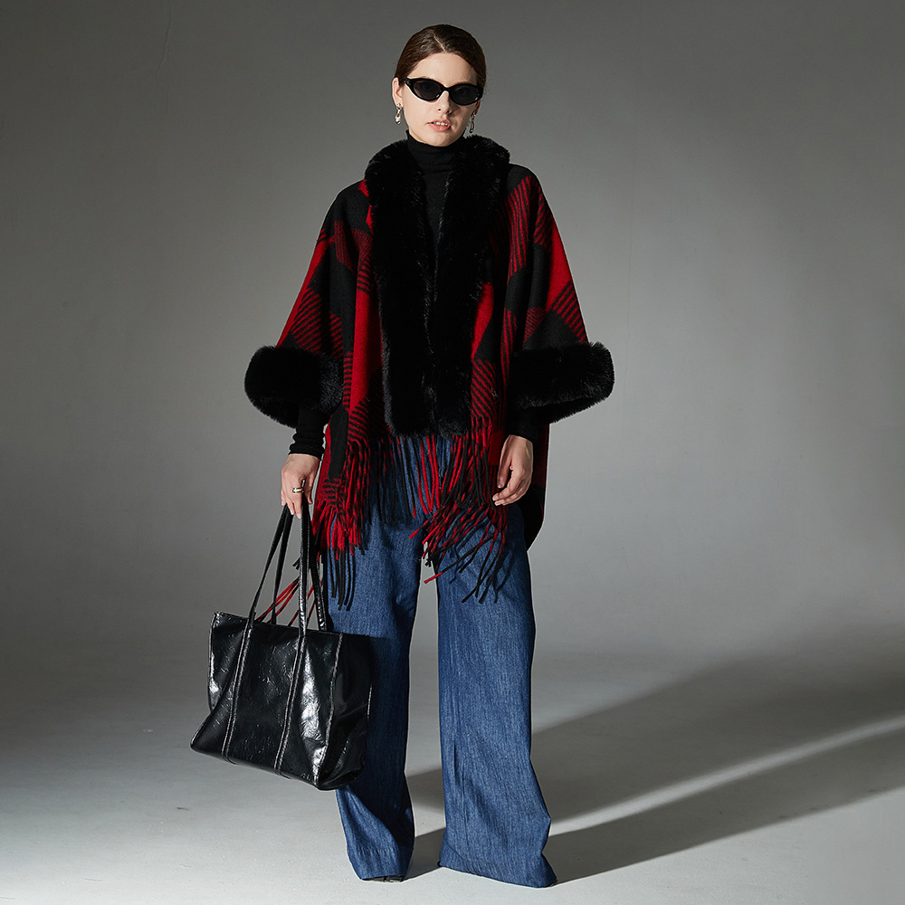 Jacquard Christmas Red Fur Collar Geometric Tassel Shawl - Image 3