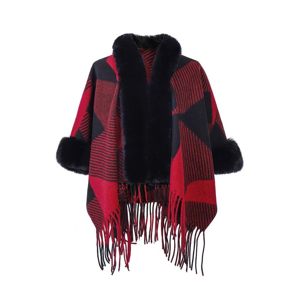 Jacquard Christmas Red Fur Collar Geometric Tassel Shawl - Image 4