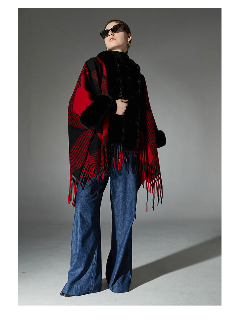 Jacquard Christmas Red Fur Collar Geometric Tassel Shawl - Image 5
