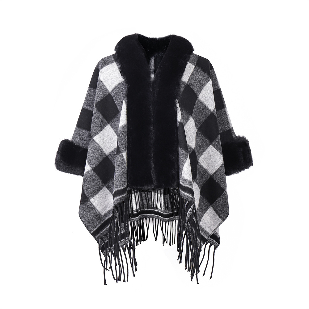 European And American Autumn And Winter New Fur Collar Black And White Plaid Tassel Shawl - Image 5