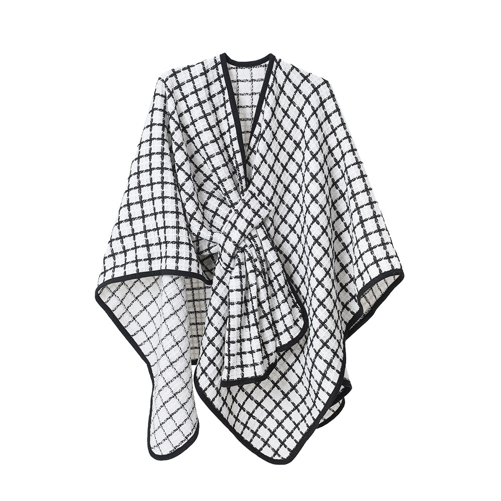 Black And White Buckle Loop Plaid Cross Shawl - Image 5