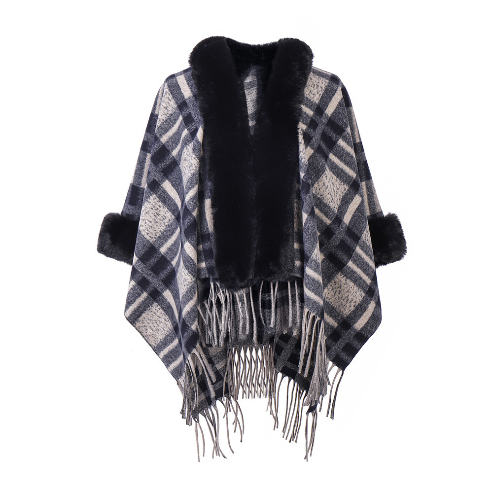 Plaid Navy Blue Fur Collar Shawl Warm - Image 4
