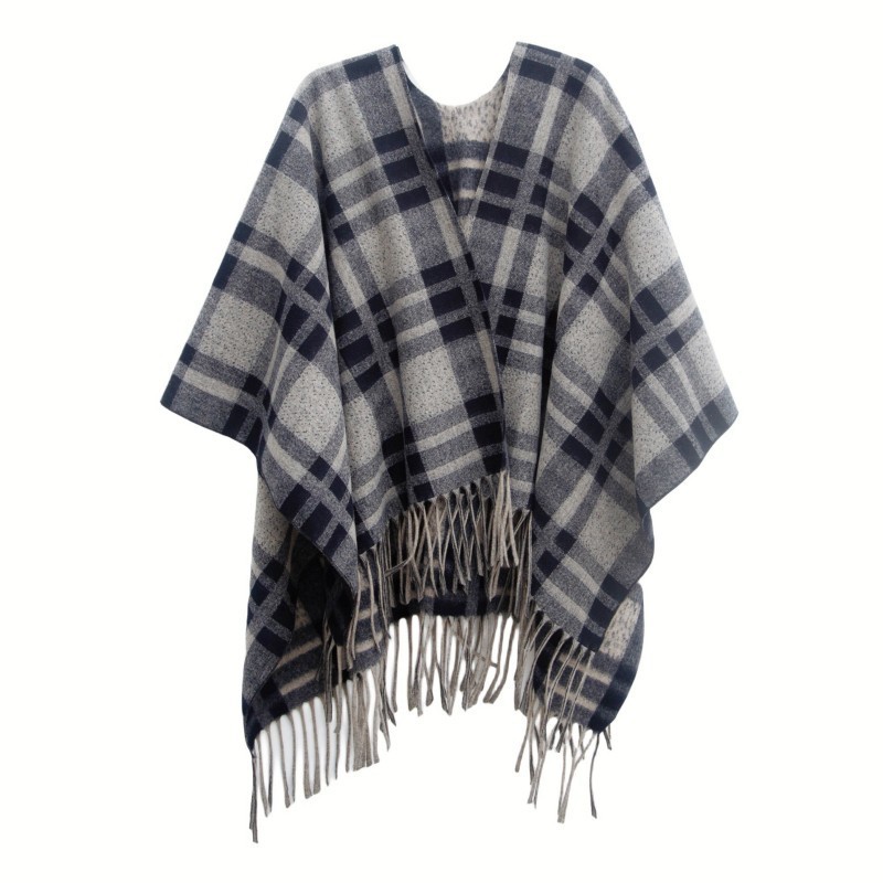 Plaid Navy Blue Fur Collar Shawl Warm - Image 5