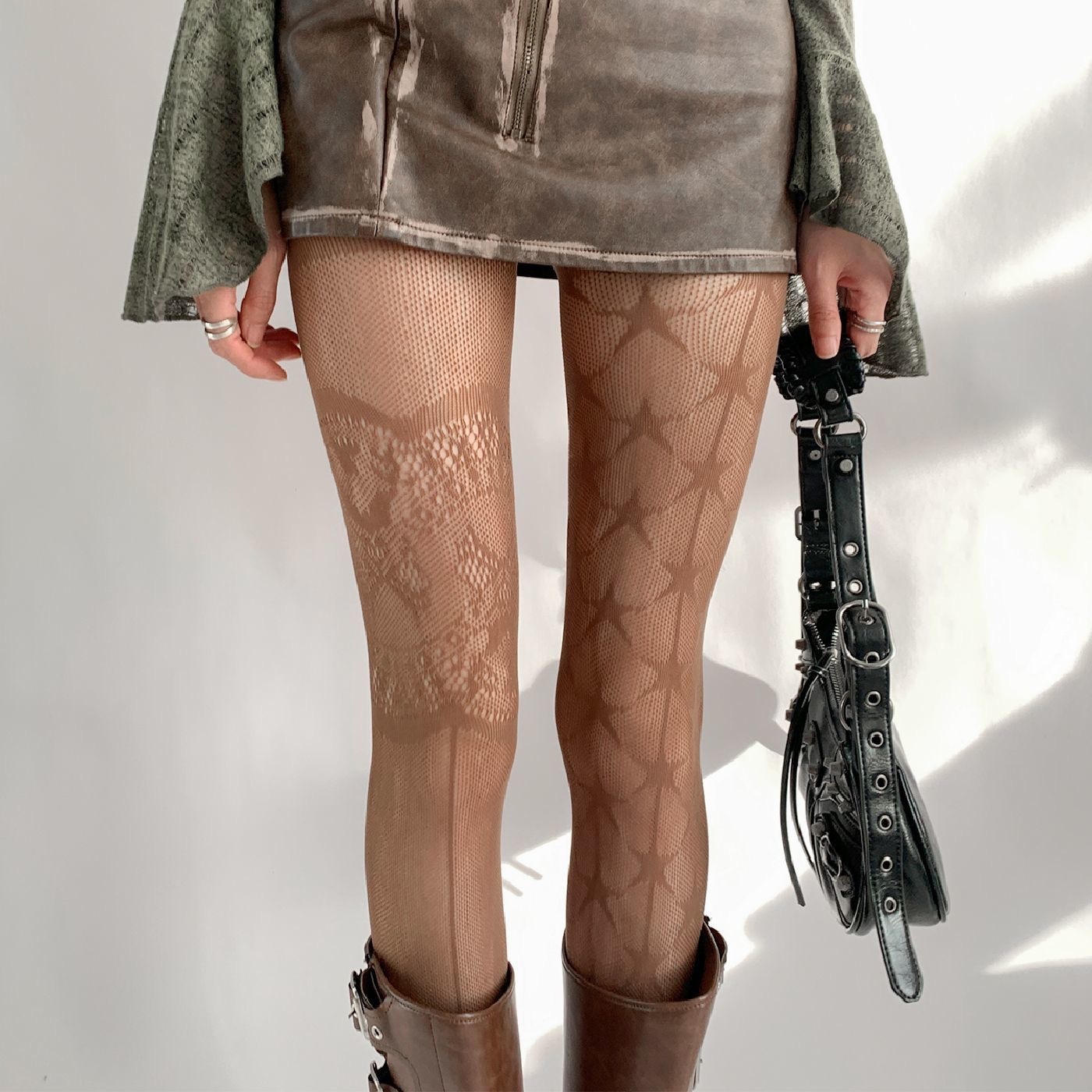 Hollow Stars Gray Silk Fishnet Stockings Female - Image 3