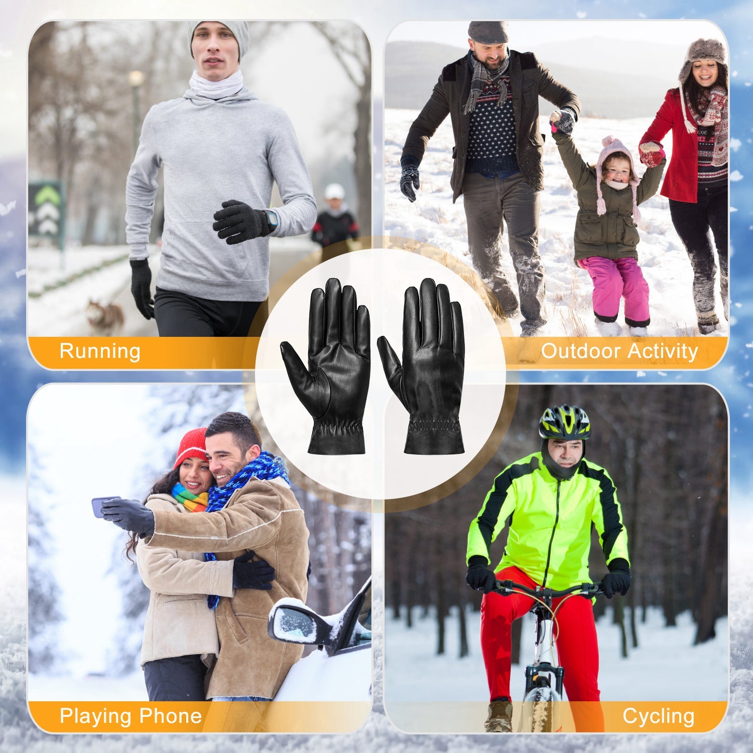 1Pair Unisex Black Leather Gloves Winter Warm Windproof High Quality Soft Gloves Outdoor Cycling Skiing Running Motorbike Gloves - Image 4