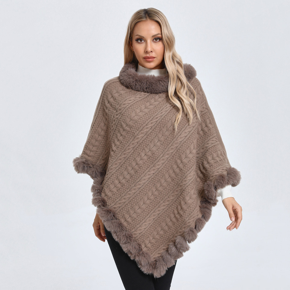 Fur Collar Oversized Knit Pullover Shawl Cloak - Image 2
