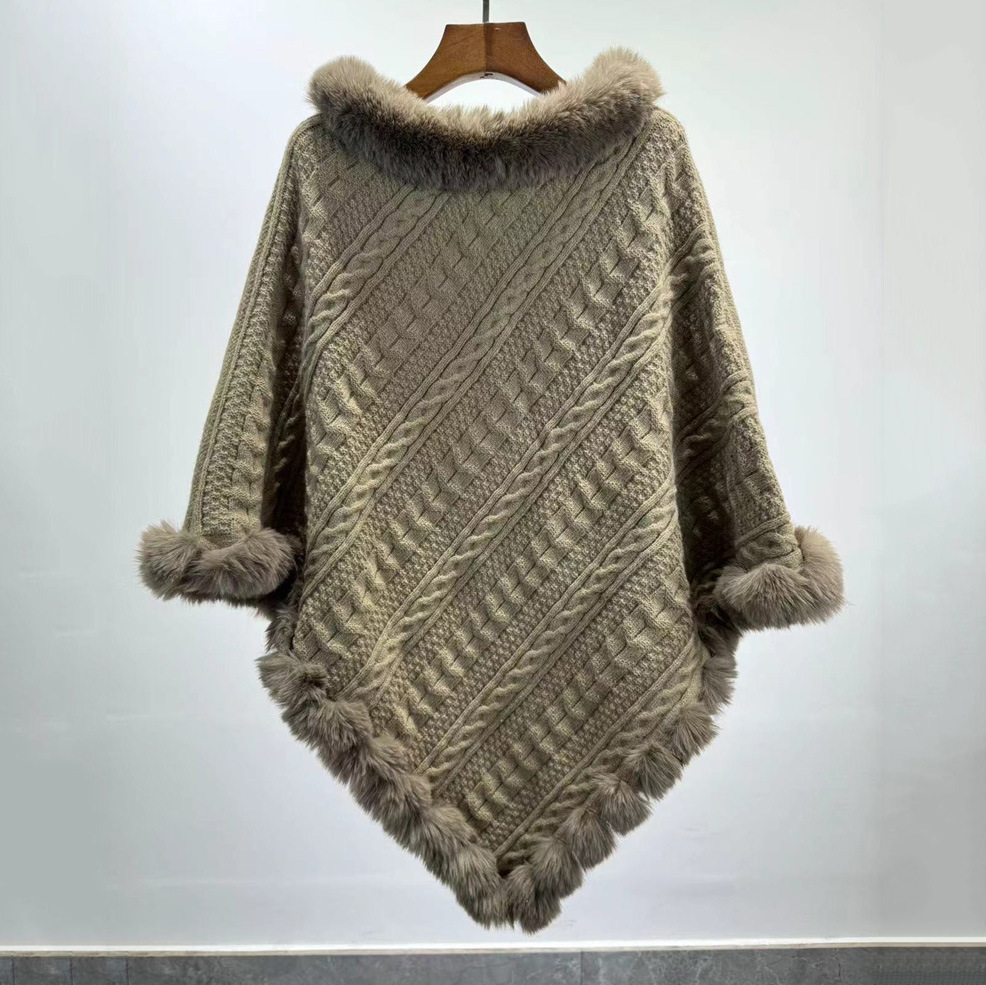 Fur Collar Oversized Knit Pullover Shawl Cloak - Image 8