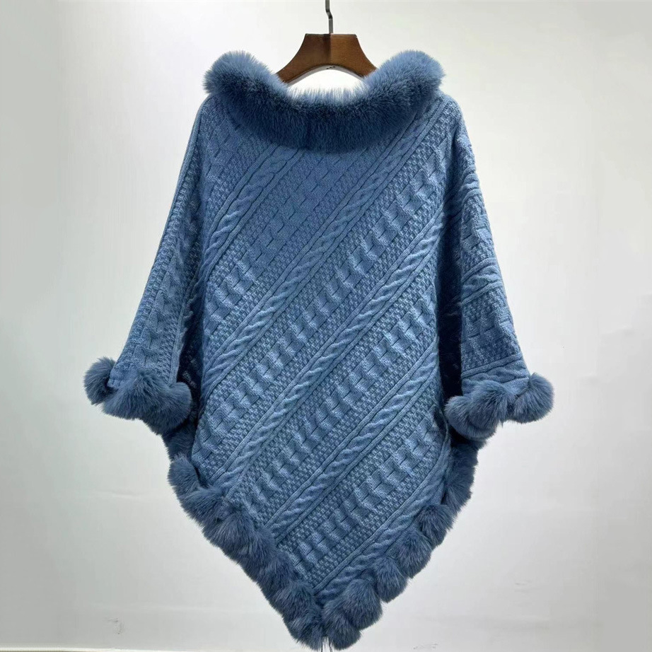 Fur Collar Oversized Knit Pullover Shawl Cloak - Image 9