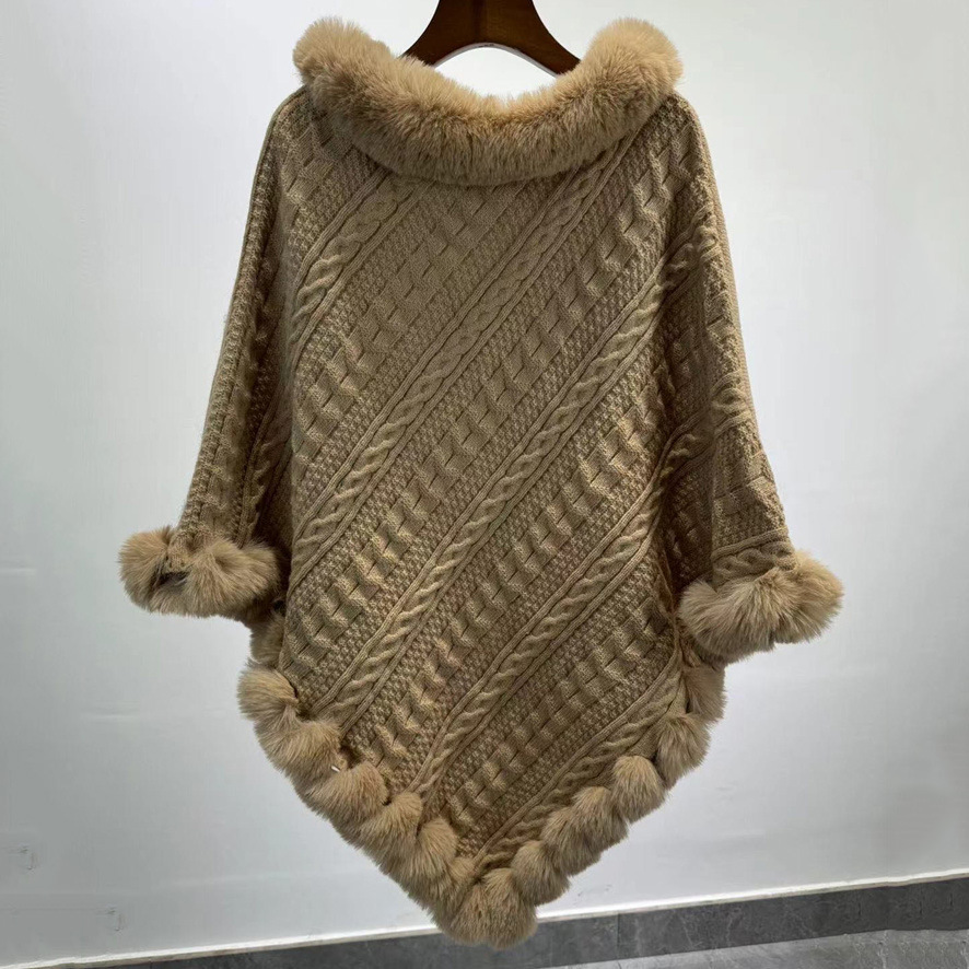 Fur Collar Oversized Knit Pullover Shawl Cloak - Image 10
