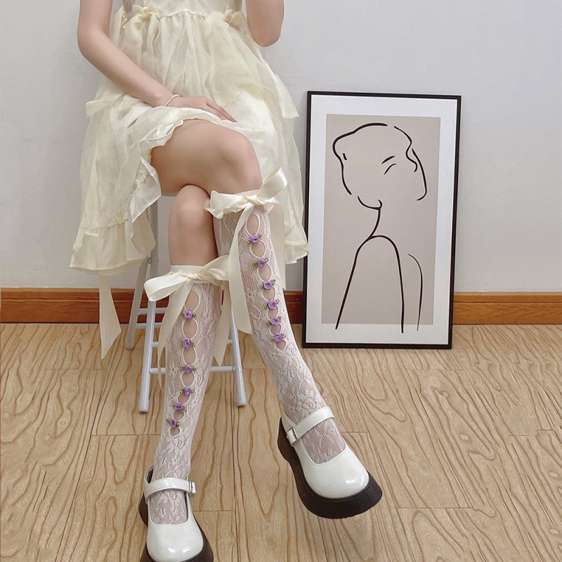 Sweet Girl's Milky White Hollow Lace Satin Ribbon Thigh High Socks - Image 2