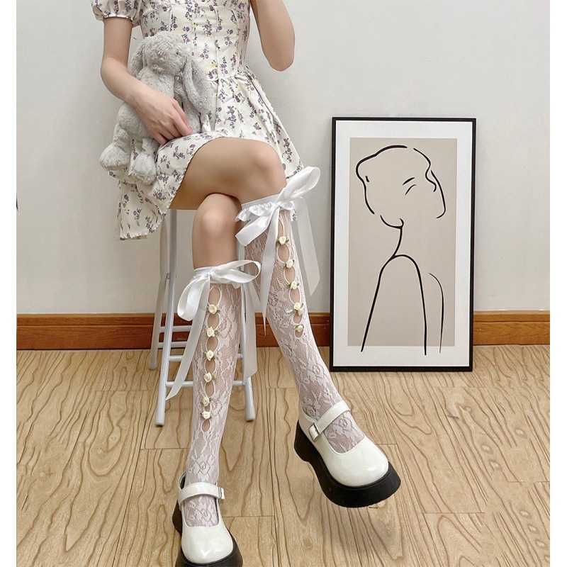 Sweet Girl's Milky White Hollow Lace Satin Ribbon Thigh High Socks - Image 3