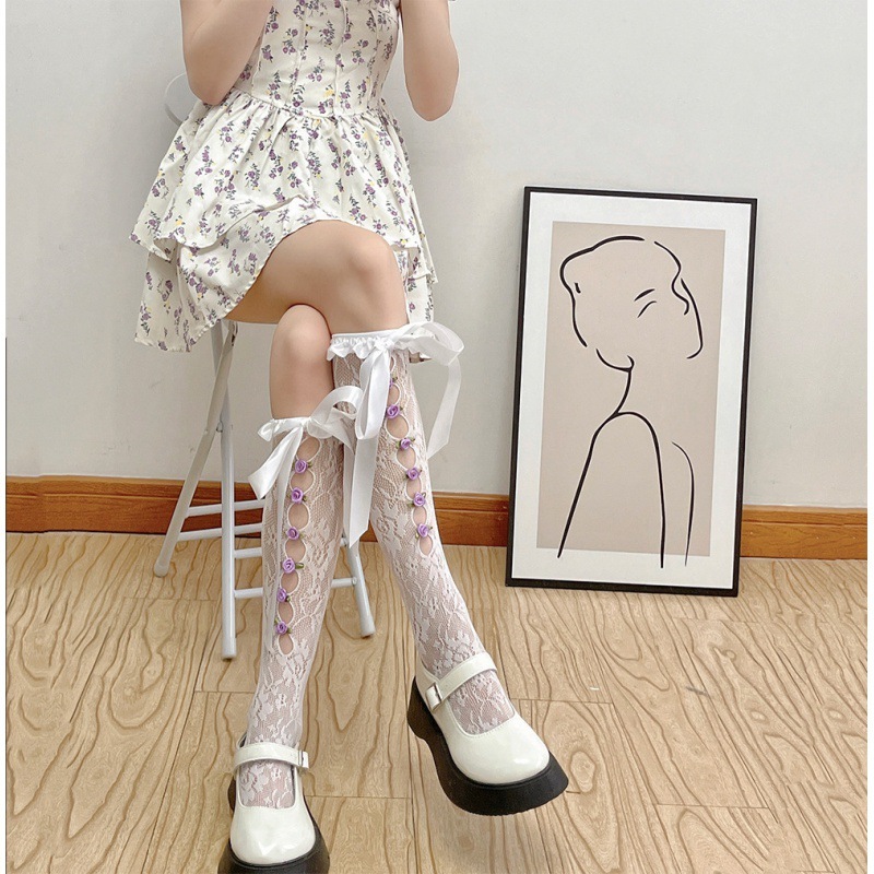 Sweet Girl's Milky White Hollow Lace Satin Ribbon Thigh High Socks - Image 4