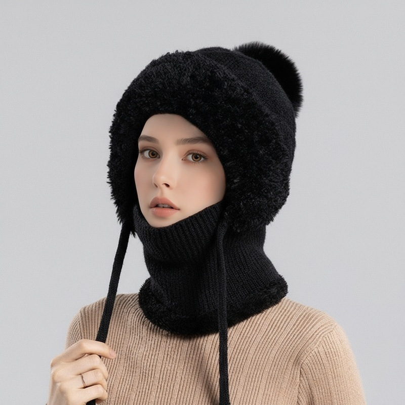 Scarf Integrated Knit Women's Fleece-lined Warm Hat