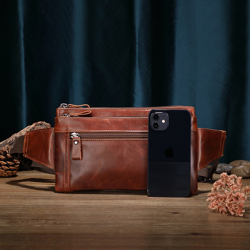 Men's Outdoor Work First Layer Cowhide Large Capacity Waterproof Waist Bag - Image 3