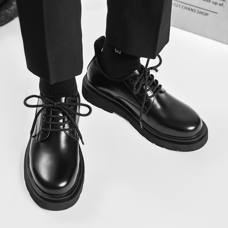 Men's British-style Thick-soled Korean-style Black Leather Shoes - Image 3