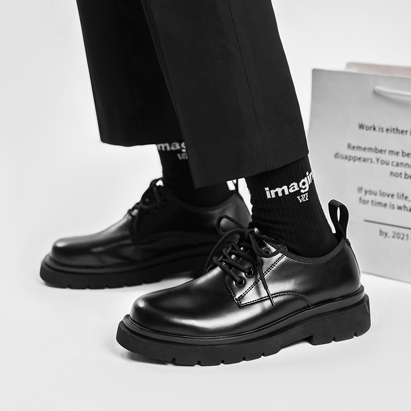 Men's British-style Thick-soled Korean-style Black Leather Shoes - Image 6