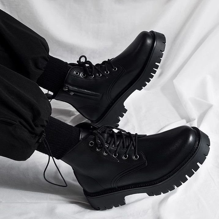 Men's High-top Side Zipper Leather Shoes Black Mid-Top Increased By Worker Boot - Image 2