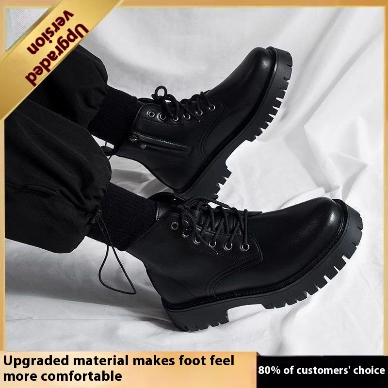 Men's High-top Side Zipper Leather Shoes Black Mid-Top Increased By Worker Boot - Image 6