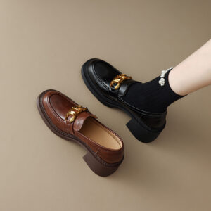 Sheepskin Preppy Style Metal Buckle High Heel Loafers Women