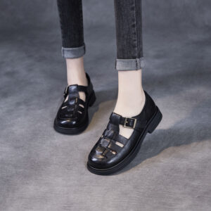 Genuine Leather Pitcher Plant Shoes Women's Round Head Hollow Flat