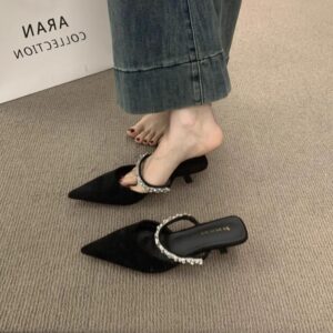 Rhinestone With Toe Box Half Slippers For Women