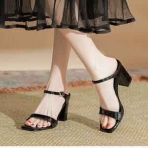 European And American Slippers Thick Heel Solid Color Fish Mouth Slingback Sandals
