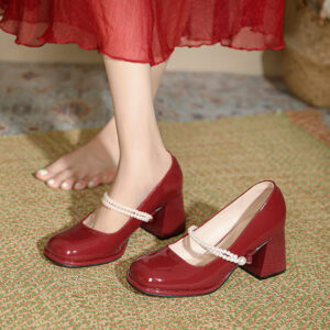 French Mary Jane Small Chunky Heel Fairy Style Pearl Lace-up High