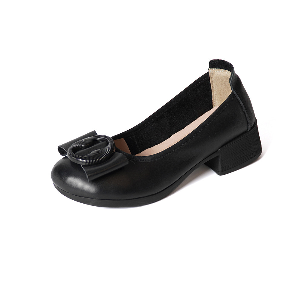 Low-cut Authentic Leather Women's Mid Heel Slip-on Round Head Pumps - Image 6