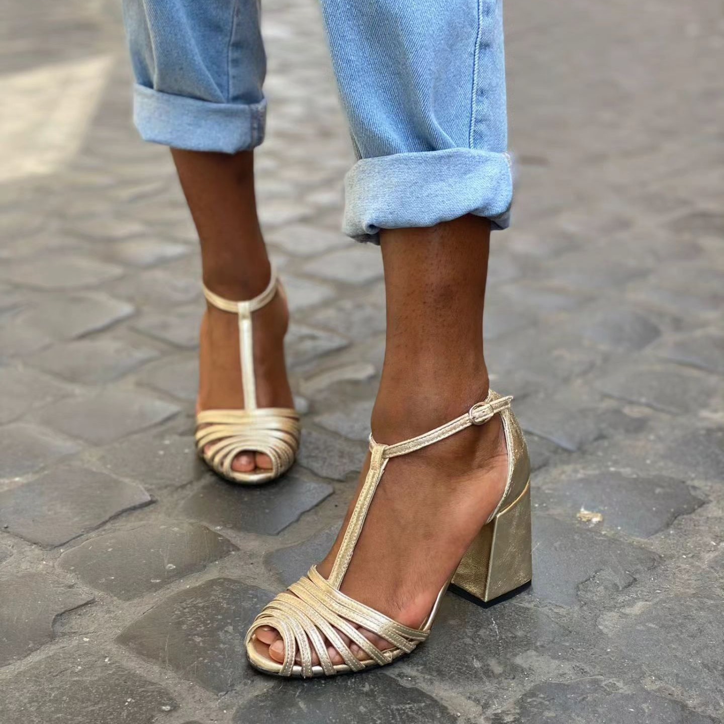 High Heel Fish Mouth T-shaped Buckle Strap Open Toe Sandals - Image 2