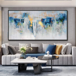 Handmade Oil Painting Canvas Wall Art Decoration Modern Blue And Gold Abstract For Home Living Room Decor Rolled Frameless Unstretched Painting