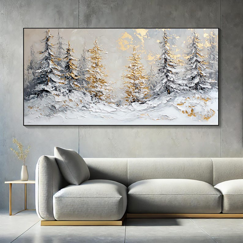 Handmade Oil Painting Canvas Wall Art Decoration Christmas Snowy Winter Scene Golden Pine Trees For Home Decor Rolled Frameless Unstretched Painting - Image 2