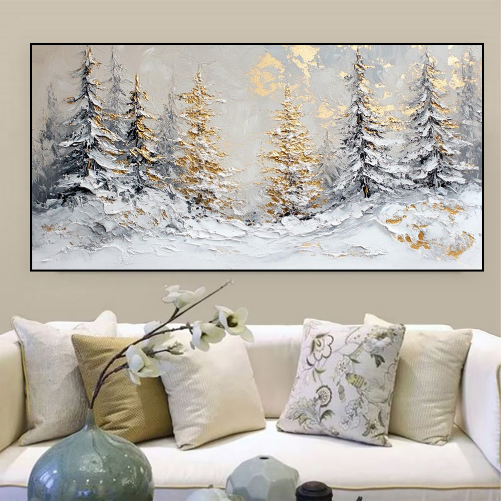 Handmade Oil Painting Canvas Wall Art Decoration Christmas Snowy Winter Scene Golden Pine Trees For Home Decor Rolled Frameless Unstretched Painting - Image 4