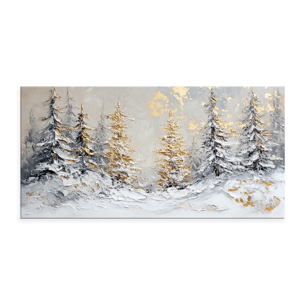 Handmade Oil Painting Canvas Wall Art Decoration Christmas Snowy Winter Scene Golden Pine Trees For Home Decor Rolled Frameless Unstretched Painting - Image 5