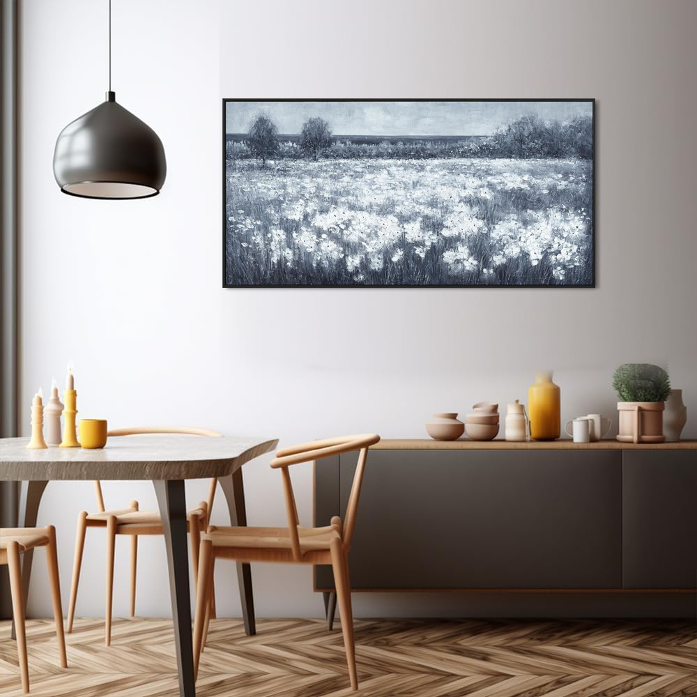 Handmade Oil Painting Canvas Wall Art Decoration Modern Black And White Landscape Little White Flowers For Home Living Room Decor Rolled Frameless Unstretched Painting - Image 2
