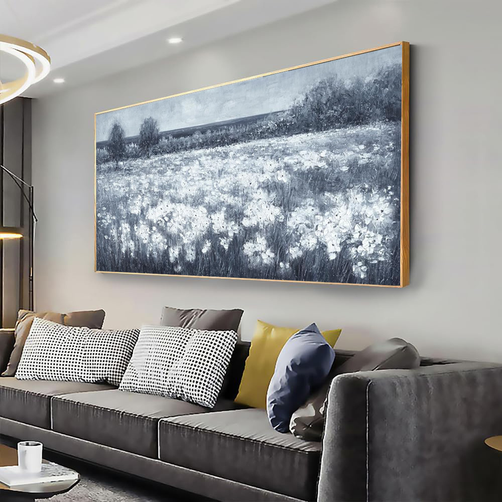 Handmade Oil Painting Canvas Wall Art Decoration Modern Black And White Landscape Little White Flowers For Home Living Room Decor Rolled Frameless Unstretched Painting - Image 3