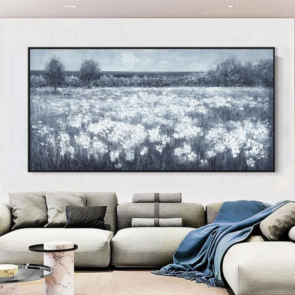Handmade Oil Painting Canvas Wall Art Decoration Modern Black And White Landscape Little White Flowers For Home Living Room Decor Rolled Frameless Unstretched Painting - Image 4