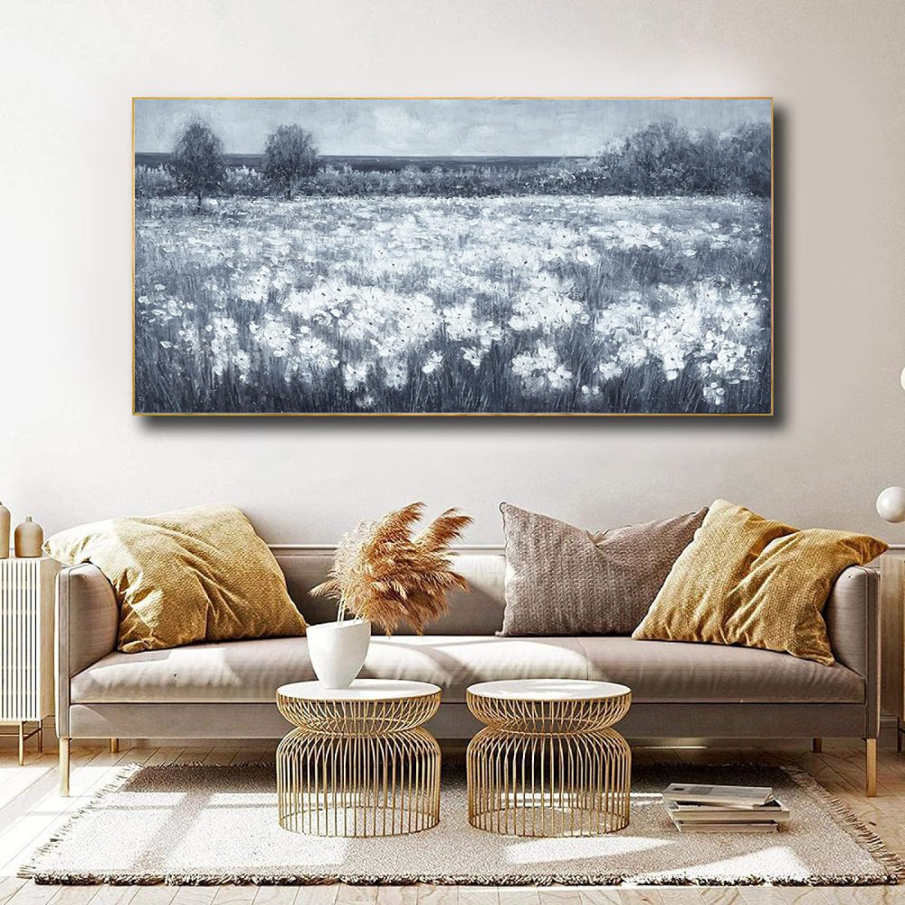 Handmade Oil Painting Canvas Wall Art Decoration Modern Black And White Landscape Little White Flowers For Home Living Room Decor Rolled Frameless Unstretched Painting - Image 5
