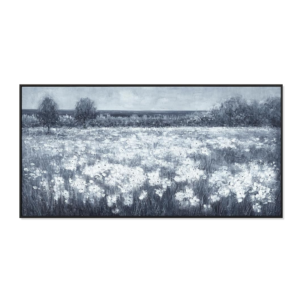 Handmade Oil Painting Canvas Wall Art Decoration Modern Black And White Landscape Little White Flowers For Home Living Room Decor Rolled Frameless Unstretched Painting - Image 6