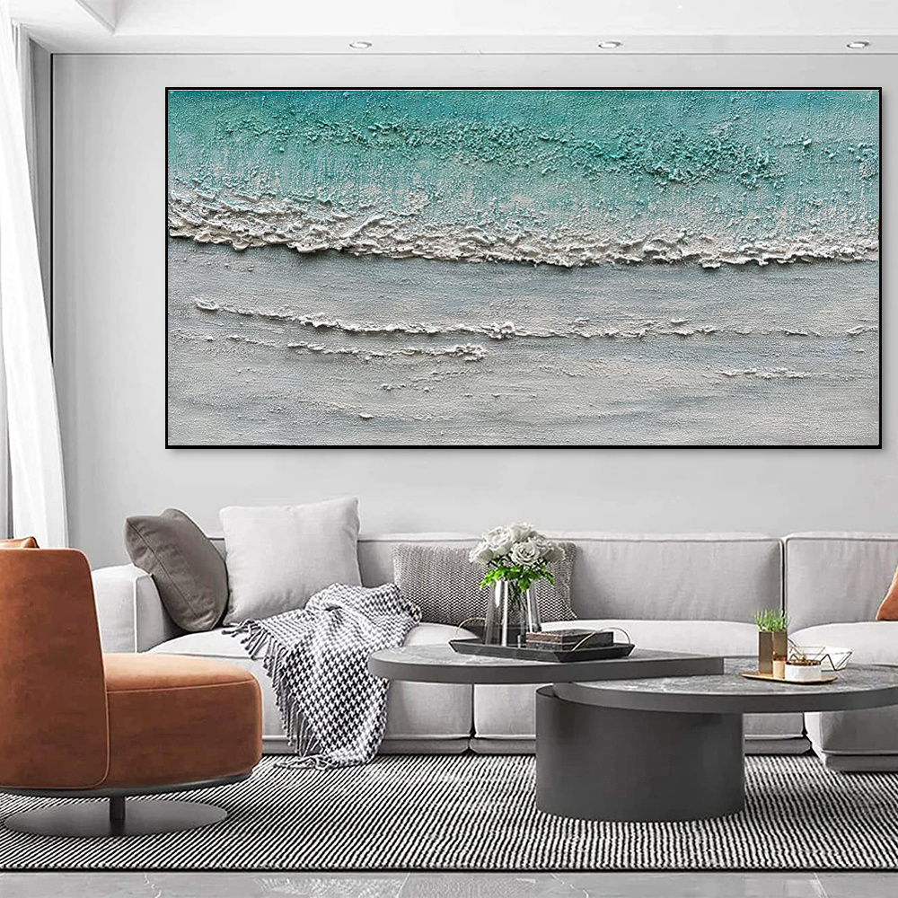 Blue Sea Ocean Wave Beach Canvas Abstract Textured Art Pure Hand-painted Oil Painting Home Decoration Restaurant For Living Room Bedroom Wall Decor