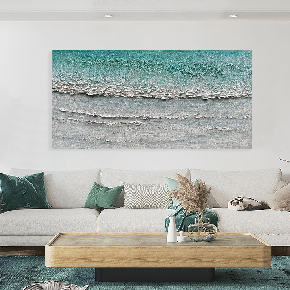 Blue Sea Ocean Wave Beach Canvas Abstract Textured Art Pure Hand-painted Oil Painting Home Decoration Restaurant For Living Room Bedroom Wall Decor - Image 3
