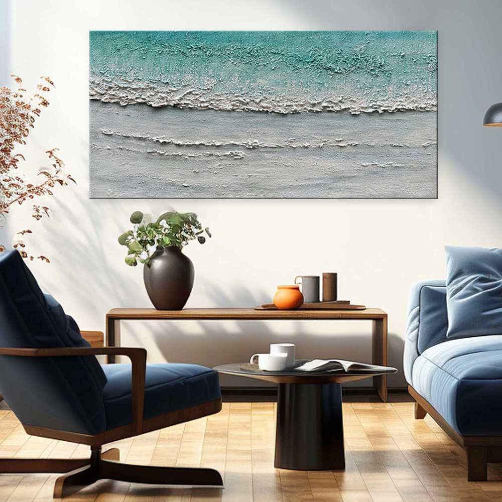 Blue Sea Ocean Wave Beach Canvas Abstract Textured Art Pure Hand-painted Oil Painting Home Decoration Restaurant For Living Room Bedroom Wall Decor - Image 4