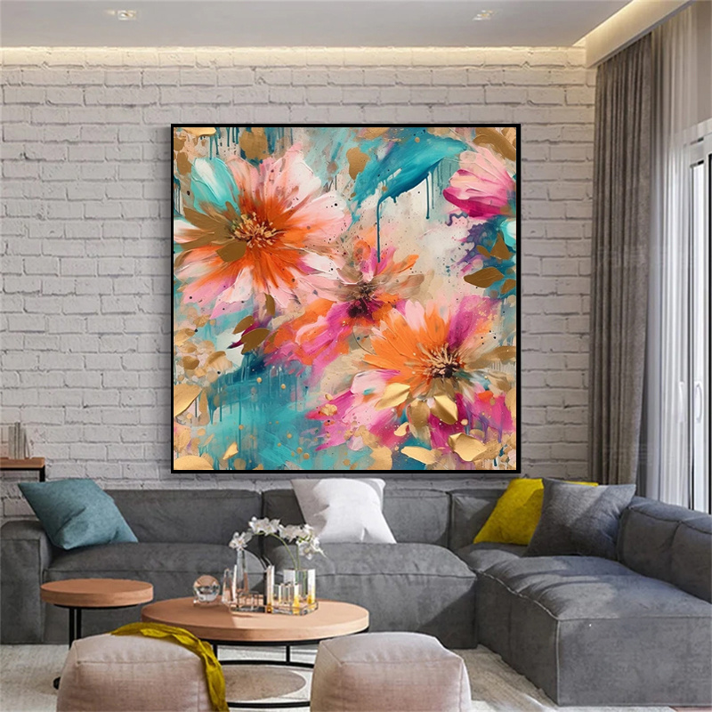 Handmade Oil Painting Canvas Wall Art Decoration Modern Peony Flower Abstract Square Home Dining Room Bedroom Decor Rolled Frameless Unstretched Painting - Image 2