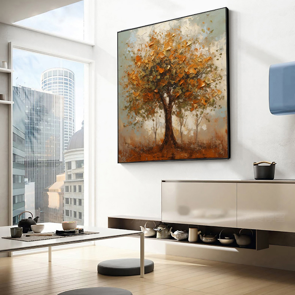 Handmade Oil Painting Canvas Wall Art Decoration Modern Orange Autumn Trees Abstract Square Home Dining Room Bedroom Decor Rolled Frameless Unstretched Painting - Image 2
