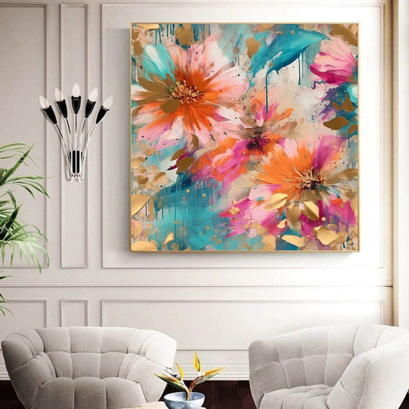 Handmade Oil Painting Canvas Wall Art Decoration Modern Peony Flower Abstract Square Home Dining Room Bedroom Decor Rolled Frameless Unstretched Painting - Image 3