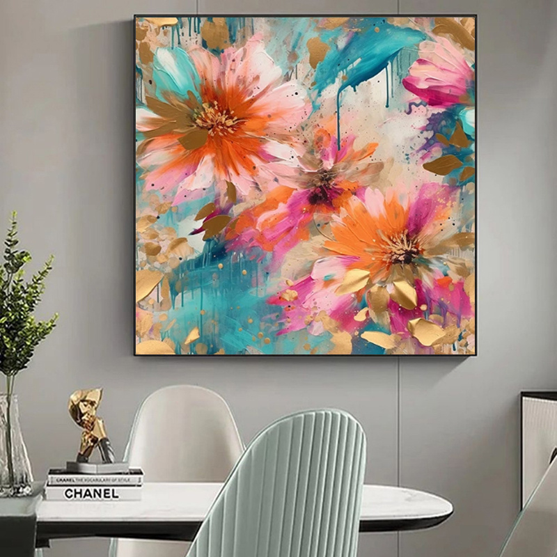 Handmade Oil Painting Canvas Wall Art Decoration Modern Peony Flower Abstract Square Home Dining Room Bedroom Decor Rolled Frameless Unstretched Painting - Image 4